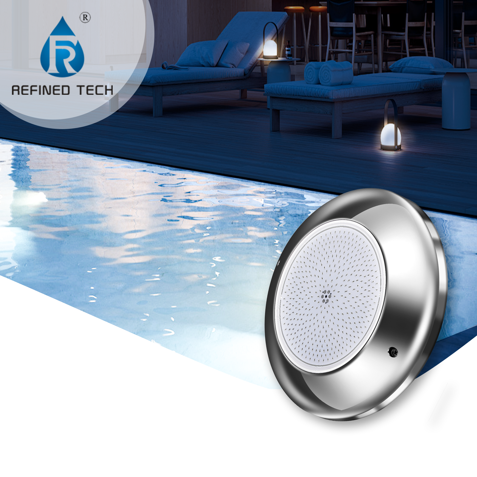 Refined IP68 12V Color-Changing LED Pool Lights Stainless Steel Dimmable Outdoor Landscape RGB Warm/Cold White Nicheless