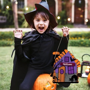 Nouveau violet maison hantée chat Halloween décoration de porte de bienvenue en bois pour l'extérieur de la maison festive - Product Image 2