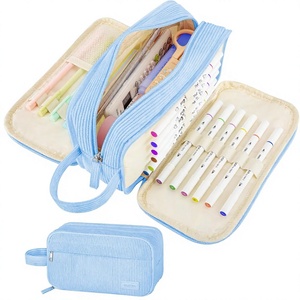 Grande trousse à crayons mignonne avec poignée pour adolescents, cadeau unisexe - Grande trousse à 4 compartiments en velours côtelé, bleu ciel - Product Image 1