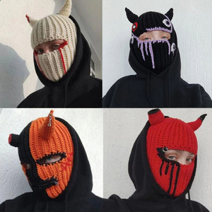 Fête d'Halloween d'hiver Chapeau de masque de <span class=keywords><strong>ski</strong></span> en corne de diable fait main <span class=keywords><strong>cagoule</strong></span> en tricot avec cornes - Product Image 5