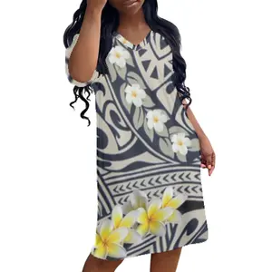 Großhandel polynesische Stammes kleidung große Größe Frauen Freizeit kleid benutzer definierte Design Voll druck Kleid gelb Hibiskus Kleid plus Größe