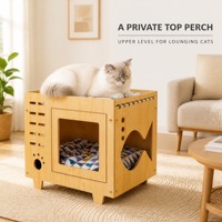 Maisonnette en bois pour animaux de compagnie, pour chat et chien, en bois massif, avec pieds, ouvertures ventilées, motif patte et coussin en forme de poisson
