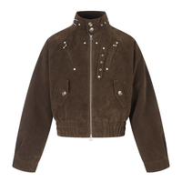 Blouson Bomber Homme en Velours Clouté avec Logo Personnalisé OEM ODM, Coupe Courte, Fermeture Éclair, Col Montant, Style Streetwear Punk Rock, Vente en Gros