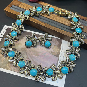 Nuevo Conjunto de Collar y Pendientes Largos de Aleación con Piedras, Estilo Vintage, Turquesa Auténtica, Diseño Western, Vaquero, Bohemio, en Capas, con Forma de Flor - Product Image 4