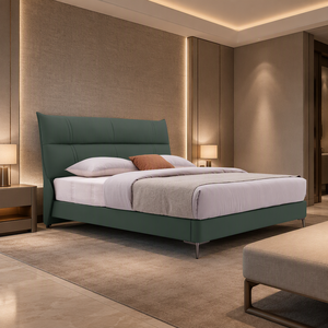 Winged Smooth Headboard <b>Bed</b> Padded Curved Upholstered Low Platform Base Gray Fabric Metal Leg Master Bedroom Hotel - Product Image 3
