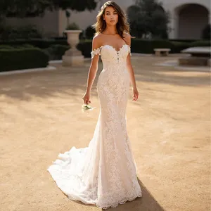 FA217 Thiết Kế Champagne Mermaid Wedding Dress 2022 Sweetheart Không Tay Boho Vestidos De Noiva Cộng Với Kích Thước Thanh Lịch Ren Trắng
