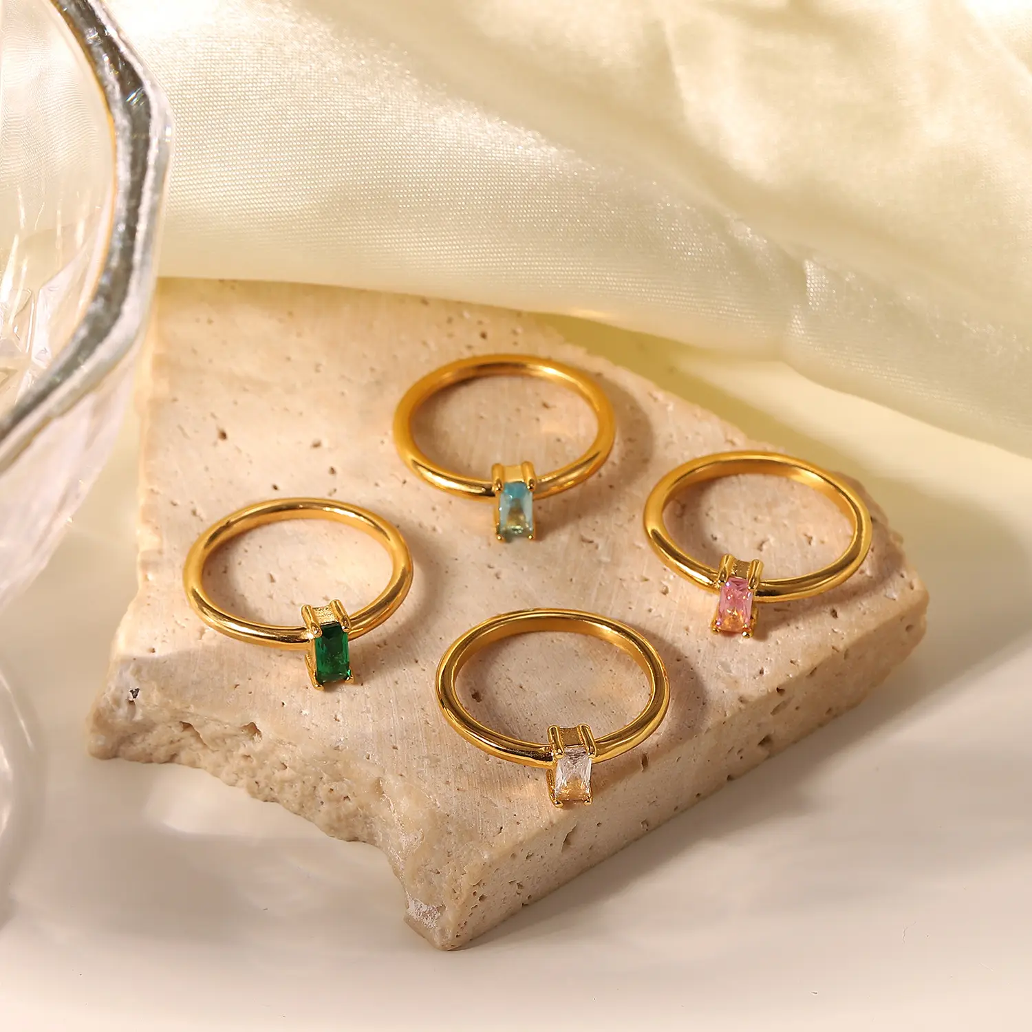 18K gold white engagement ring diamond rectangular zircon ring stainless steel wedding rings for women