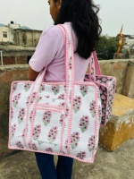 Tas Tote berlapis katun cetak blok India untuk wanita tas tangan besar rantai buka tutup untuk Perjalanan Ulang Tahun/hadiah Natal ide