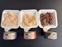Nourriture humide pour chats en conserve, déchiquetée, au poulet et saumon, enrichie en Taurine et Oméga-3, sans céréales, facile à digérer, vente en gros, OEM