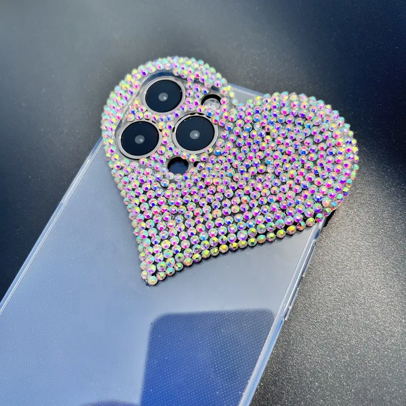 3D Heart Design Phone Cover 14promax Girly Bling Diamond Rhinestone Sparkle Loving Hearts Slim Soft Shockproof Case for iPhone