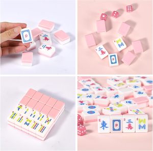 Juego de Fichas de Mahjong Rosa de 166 Piezas, Juego Clásico Portátil para 4 Jugadores, Fichas de Plástico Blanco Marfil con Dados - Product Image 4
