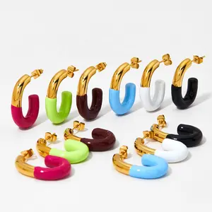 Colorful Oil Dripping Gold Plated Stainless Steel Jewelry U-shaped Steel Enamel Stud Hoop Earrings