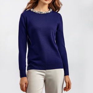 Maglioni da <span class=keywords><strong>Donna</strong></span> con Perline per Autunno Inverno a Maniche Lunghe, Maglieria Bianca e Nera, Top da <span class=keywords><strong>Donna</strong></span> Aderente, Maglione di Lusso Firmato - Product Image 2