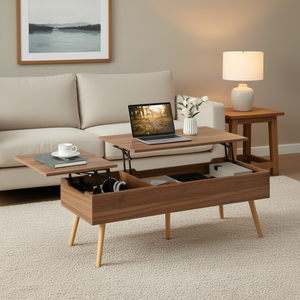 โต๊ะกาแฟยกได้สไตล์ฟาร์มเฮาส์ ขนาด 47 นิ้ว ทำจากไม้ พร้อมที่เก็บของ เฟอร์นิเจอร์ห้องนั่งเล่น ดีไซน์ทันสมัย สีน้ำตาล - Product Image 2