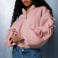 Sweat-shirt à capuche zippé rose pour femme, style Coquette, avec détails nœud en ruban, épaules tombantes, coupe oversize, OEM usine