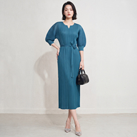 En stock, robe midi plissée élégante pour femme, à manches bouffantes, col montant, ceinturée, en crêpe tissé infroissable, taille unique, pour le bureau et les soirées