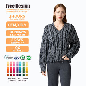 Pull décontracté ample en maille torsadée à col en V effet vieilli pour femme, avec franges personnalisées, collection Automne Hiver 2026 - Product Image 2