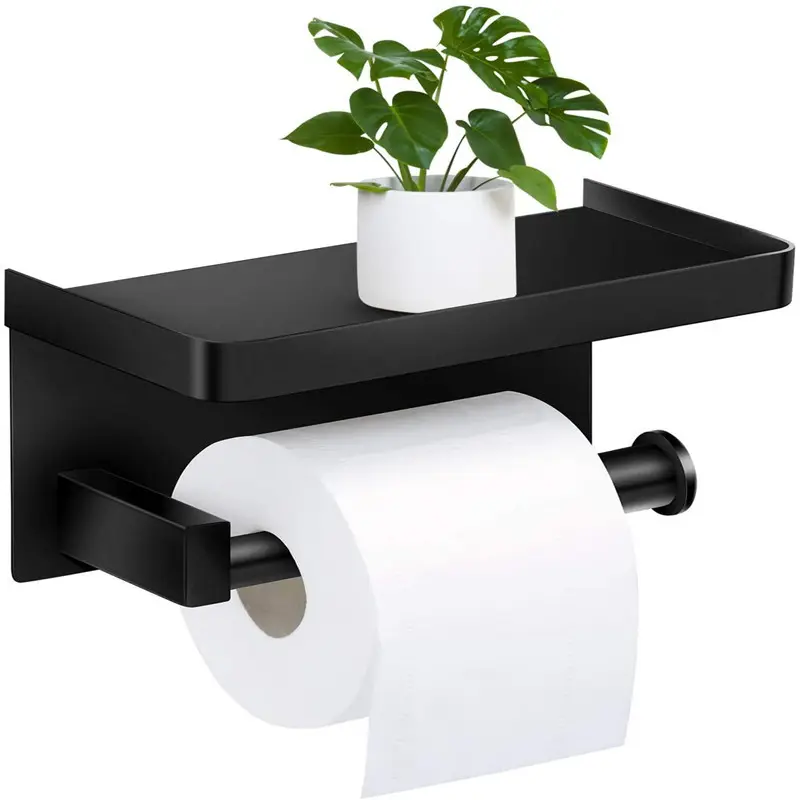 Adhesive and Screw Installation Toilet Roll Holder with Cell Phone Shelf Kitchen Bathroom Wall Mounted Tissue Paper Dispenser