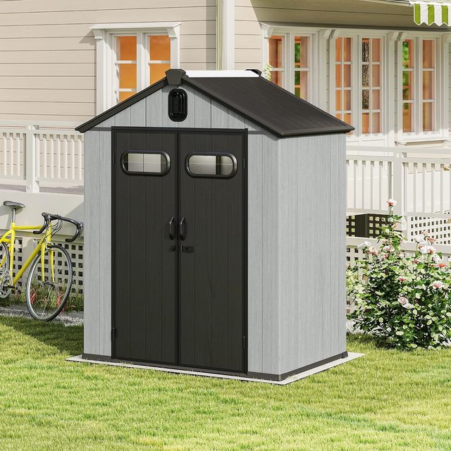 6x4FT Durable Outdoor Resin Storage Shed with Windows Vents Lockable Double Doors Gable Roof for Garden & Patio