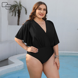 Traje de baño de una pieza con volantes, cuello en V y manga corta, talla grande, negro, para mujer, con control de abdomen, personalizado al por mayor - Product Image 2