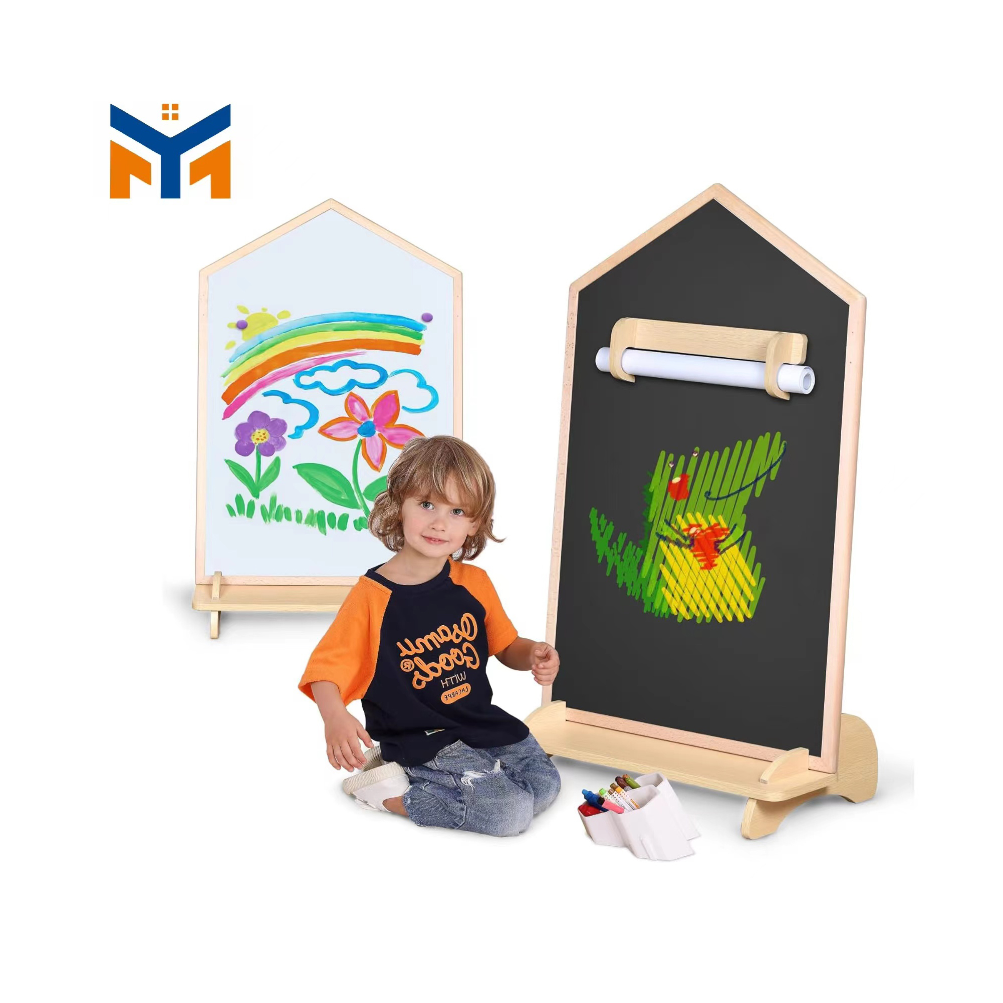 Caballete De Arte Doble Cara Con Rollo De Papel De 195 Pulgadas, Pizarra Magnética Con Letras, Números Y Accesorios, Ajustable En Altura Para Niños De 3 A 8 Años
