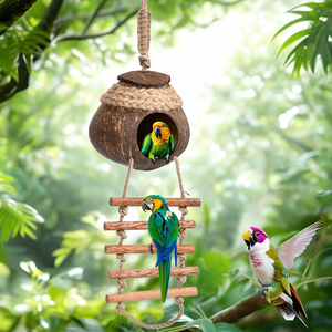 Kuş evi doğal hindistan cevizi kabuğu yuva kuş kafesi papağan el yapımı kafesleri için merdiven bahçe asılı kuş evleri - Product Image 1