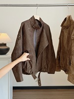 Veste en cuir de mouton courte marron décontractée style rétro CJ-Spring Autumn New Melad pour femmes, vestes décontractées à fermeture éclair