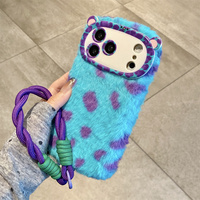 Coque de téléphone douce et moelleuse bleue et violette à pois pour iPhone 18 17 Pro Max 16 15 14 13 avec motif oreilles de monstre mignon, cadre d'appareil photo et sangle de protection