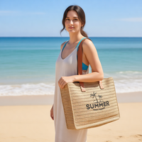 Personalisierte Logo-Strandtasche aus umweltfreundlichem Papierstroh für Damen, gewebtes Design, große Kapazität, Tragetasche mit Schleife, Buchstabenstickerei und Knopf