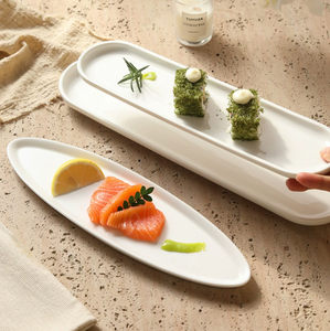 Assiette Minimaliste Blanche Allongée en Céramique pour Sushi et Sashimi, Plateau à Desserts pour Hôtels et Banquets de Mariage, Logo Personnalisé, Vente en Gros - Product Image 3