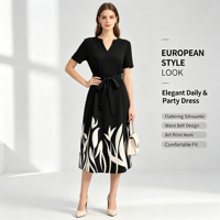 Robe tendance pour femme à col en V imprimée, taille nouée, longueur genou, motif botanique moderne pour le quotidien et les soirées ODMOEM