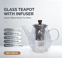 Théière classique à rayures verticales en verre borosilicate, infuseur en acier inoxydable, bouton en bois, résistante à la chaleur