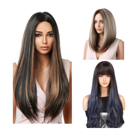 Perruque synthétique courte ondulée bouclée naturelle avec mèches brunes et noires, avec frange, pour usage quotidien, vente en gros