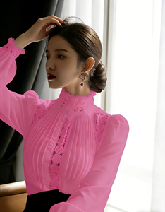 เสื้อผู้หญิงไซส์ใหญ่ สีชมพูบานเย็น แต่งขอบลูกไม้ คอทรงโอ ผ้าชีฟองจีบระบาย แขนทรงโคมไฟ สวมใส่สบายๆ สำหรับฤดูใบไม้ผลิ/ฤดูใบไม้ร่วง - Product Image 6