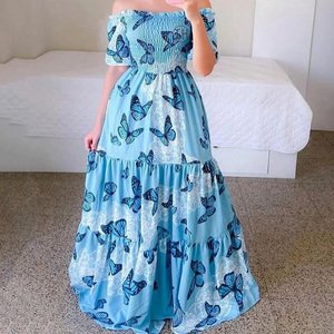 Personalizzare Sexy manica corta moda floreale Off-spalla lunga gonna stampata vacanza una linea lungo lungo a strati Maxi abito da donna - Product Image 2