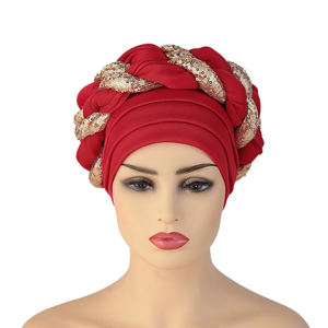Venta caliente azul cielo mujeres Sego Gele Headtie African Head Wraps elegante Aso Oke Headtie lentejuelas listas para usar turbantes nigerianos - Product Image 1