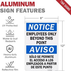 Panneau de signalisation de sécurité en aluminium pour le contrôle d'accès au lieu de travail, avec <span class=keywords><strong>avis</strong></span> de signalisation pour les employés bilingues anglais-espagnol uniquement - Product Image 3