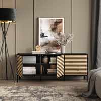 Meuble TV à larges lattes effet chêne, meuble bas à ouverture par pression, cadre anthracite, pieds métalliques, console multimédia pour salon avec 3 tiroirs