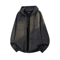 Veste à capuche ample et décontractée pour femme, gris à fines rayures, coupe oversize, épaules tombantes, fermeture éclair, idéale printemps-automne