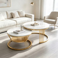 Ensemble de tables basses gigognes de luxe, plateau effet marbre blanc, structure en métal doré, 2 pièces, table à thé, salon, hôtel