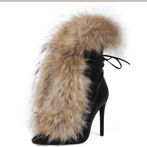 Bottines courtes à talons aiguilles pour femmes, grande taille 47, à lacets sur le devant, avec fourrure moelleuse, coupe large - Product Image 1