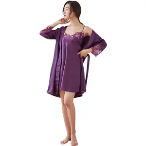 Satin nightgown ladies spring ice silk embroidery sexy summer suspenders Lace two-piece Kimono style silk