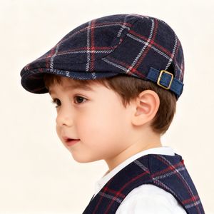 <span class=keywords><strong>Béret</strong></span> en laine mélangée à carreaux pour tout-petits, automne-hiver, casquette rétro britannique à visière pour bébés garçons et filles, assortie au quotidien K17 - Product Image 1