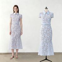 Robe longue élégante et décontractée pour femme, avec superposition en dentelle, col et ceinture, style sirène, ODM, vente en gros, usine chinoise, fournisseur