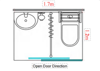 Module de salle de bain préfabriqué compact 1,7 m x 1,2 m avec toilettes, douche, châssis SMC et chauffage à extraction