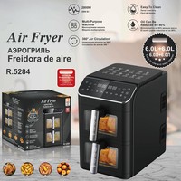 Friteuse à air double zone 6L+6L grande capacité, écran tactile numérique intelligent 360 °   Friteuse à air chaud sans huile à double panier avec circulation d'air chaud