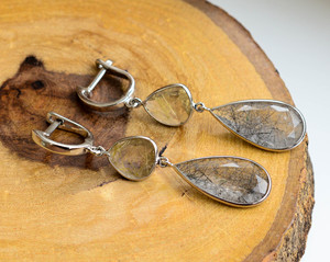 Pendientes colgantes de cuarzo rutilado dorado y negro de doble aura con plata 925, estilo moderno, en oferta - Product Image 5