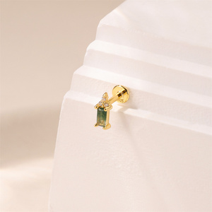Golden Single 925 Sterling <b>Silver</b> Natural Stone Moss Agate Classic Rectangle Stud Flat Back Piercings <b>Earrings</b> Jewelry - Product Image 3