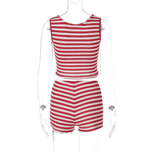 Nouvel été 2 pièces Shorts ensembles tenues décontractées sans manches haut rayé et Shorts femmes vêtements deux pièces ensemble - Product Image 3