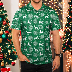 Chemise de golf de Noël fantaisie anti-plis pour homme Mainfini, imprimé numérique vert, motif renne, flocon de neige, élan, 95% tricoté - Product Image 2